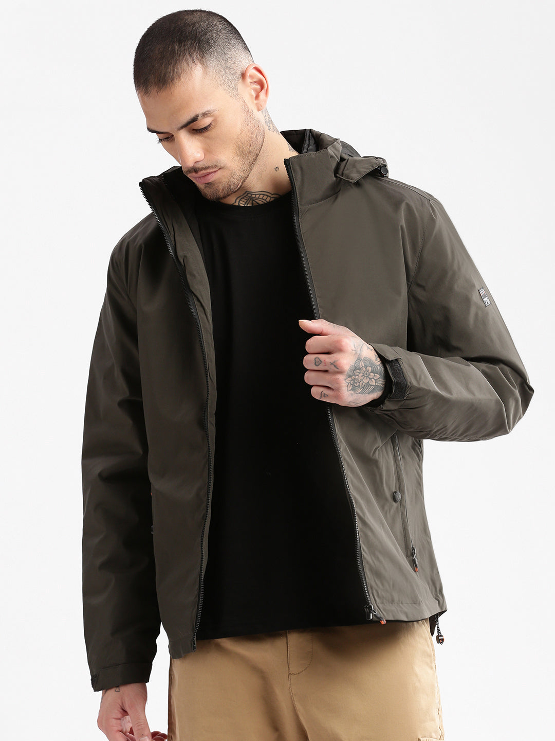Men Hooded Olive Solid Tailored Oversized Jacket comes with Detachable Hoodie and Inner Jacket