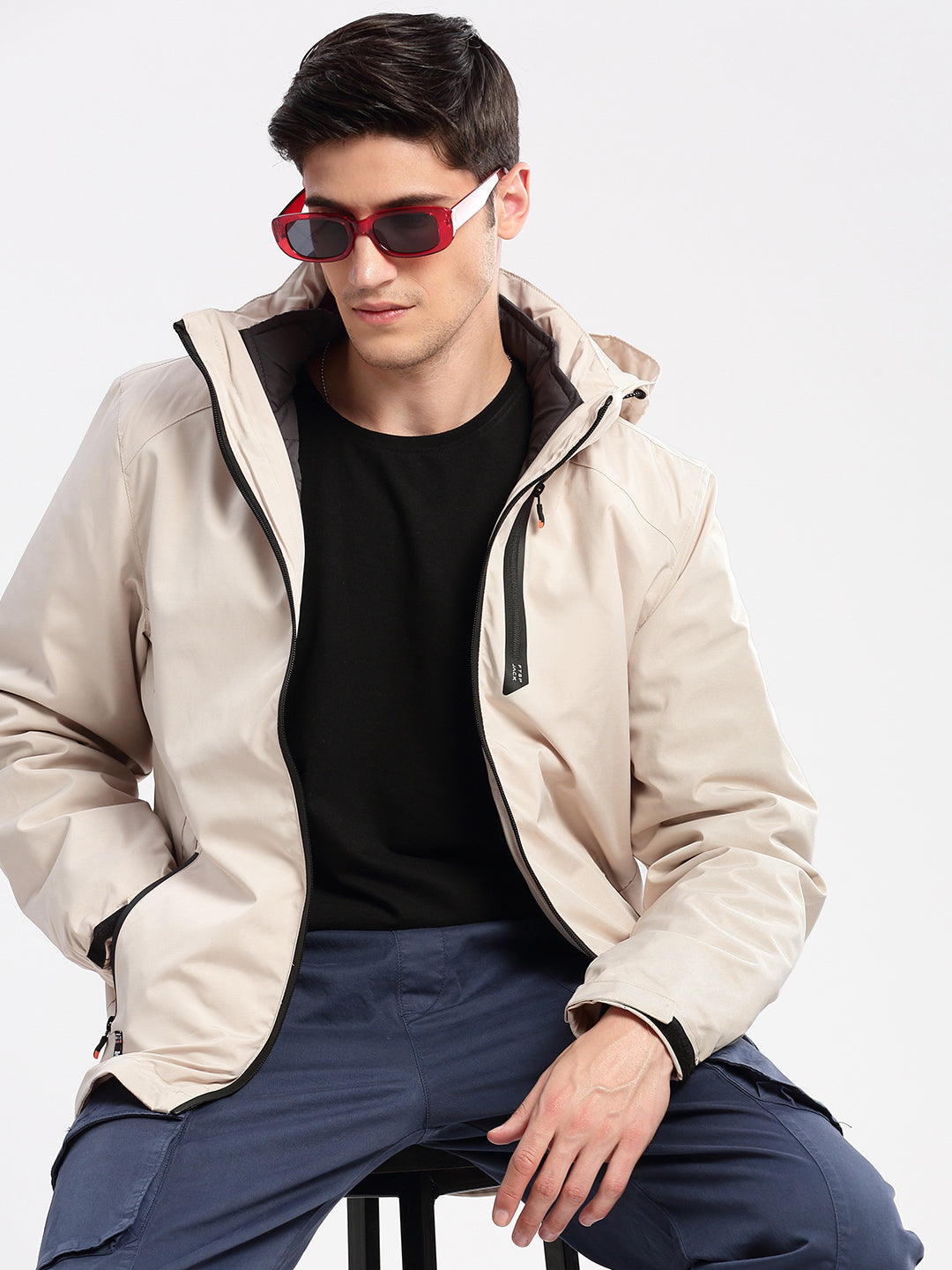 Men Hooded Cream Solid Tailored Oversized Jacket comes with Detachable Hoodie and Inner Jacket