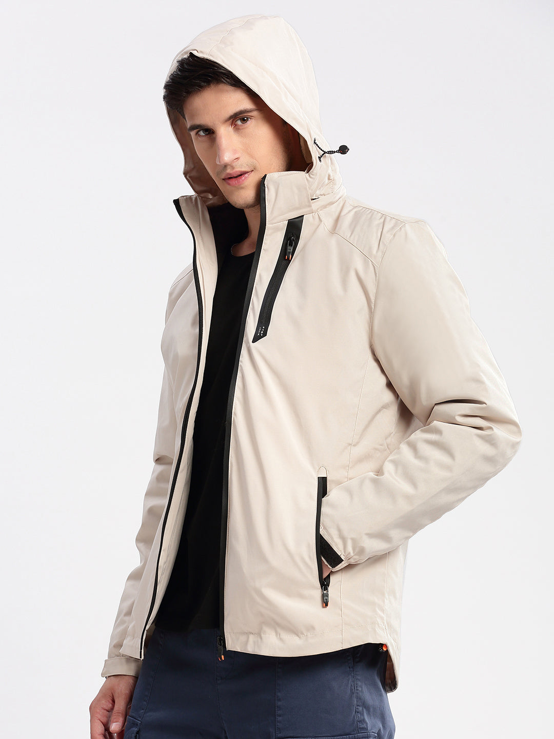 Men Hooded Cream Solid Tailored Oversized Jacket comes with Detachable Hoodie and Inner Jacket