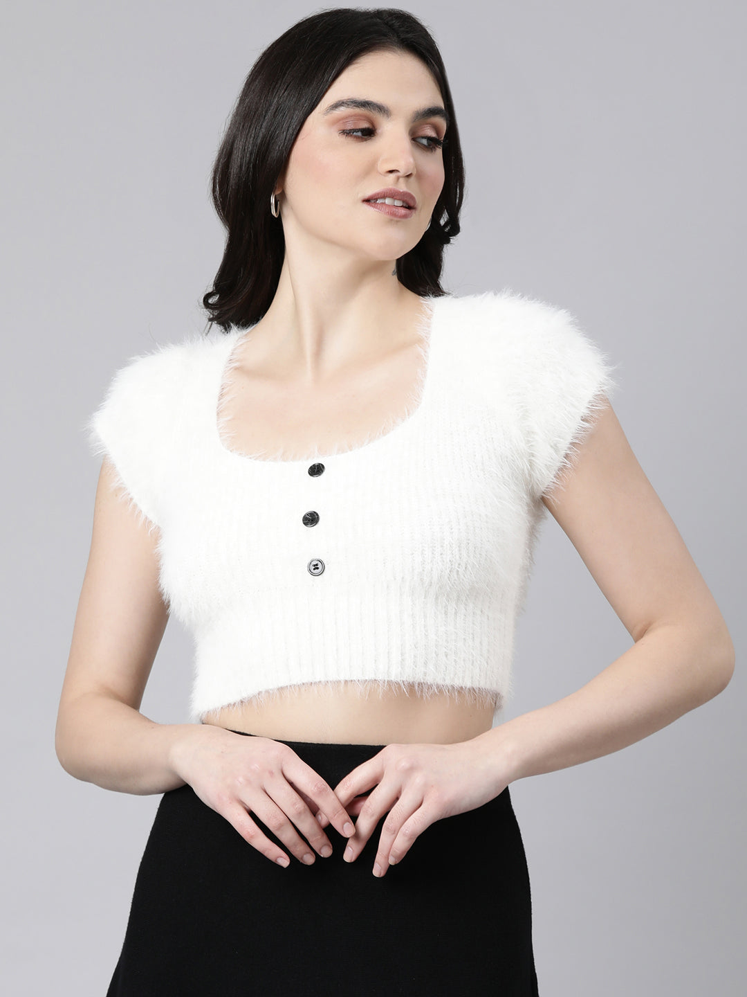 Women Solid Off White Fitted Crop Top