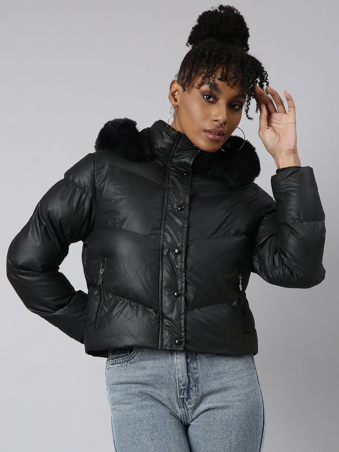 Women Solid Black Puffer Jacket Comes with Detachable Hood