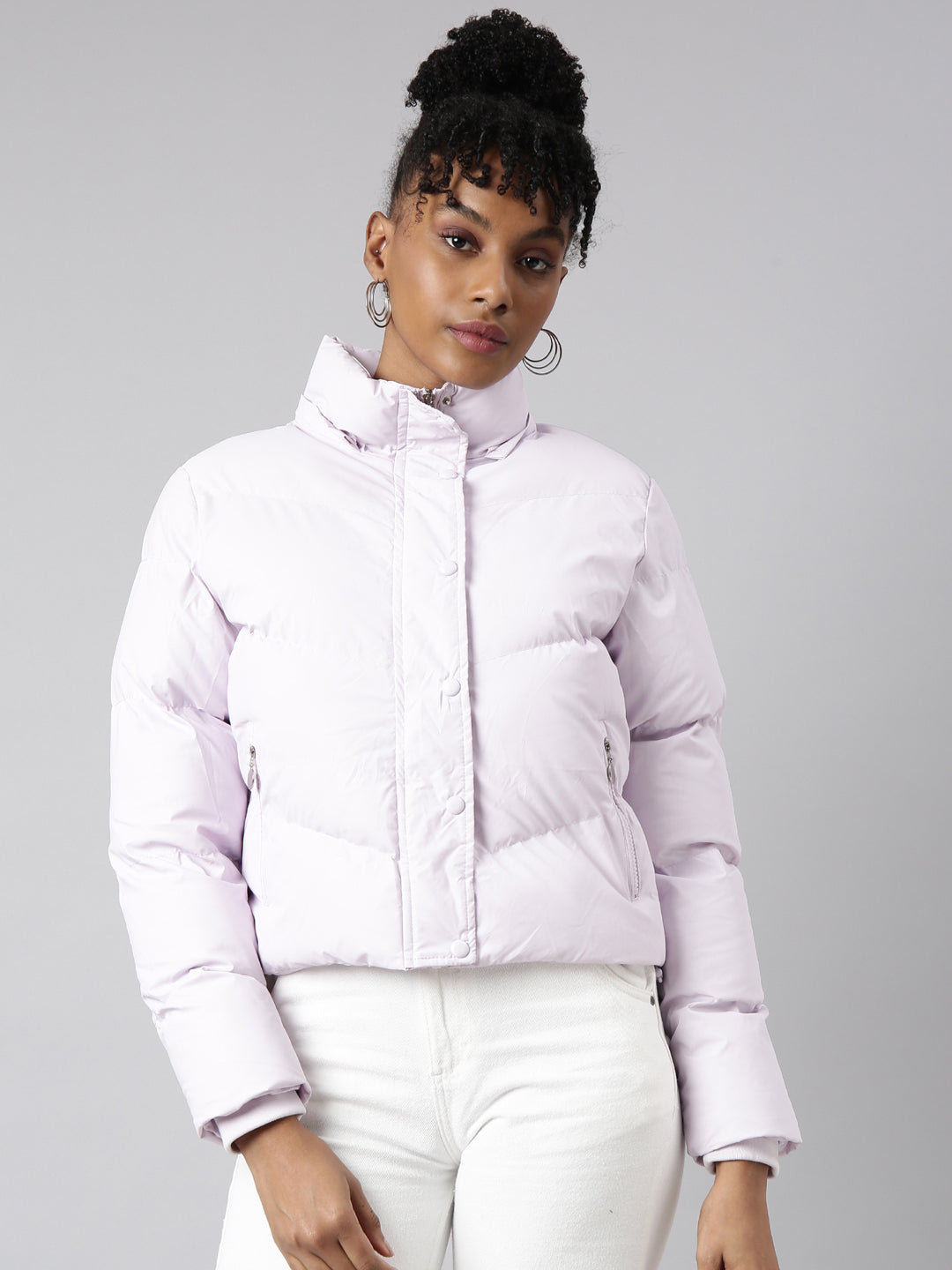Women Solid Lavender Puffer Jacket Comes with Detachable Hood