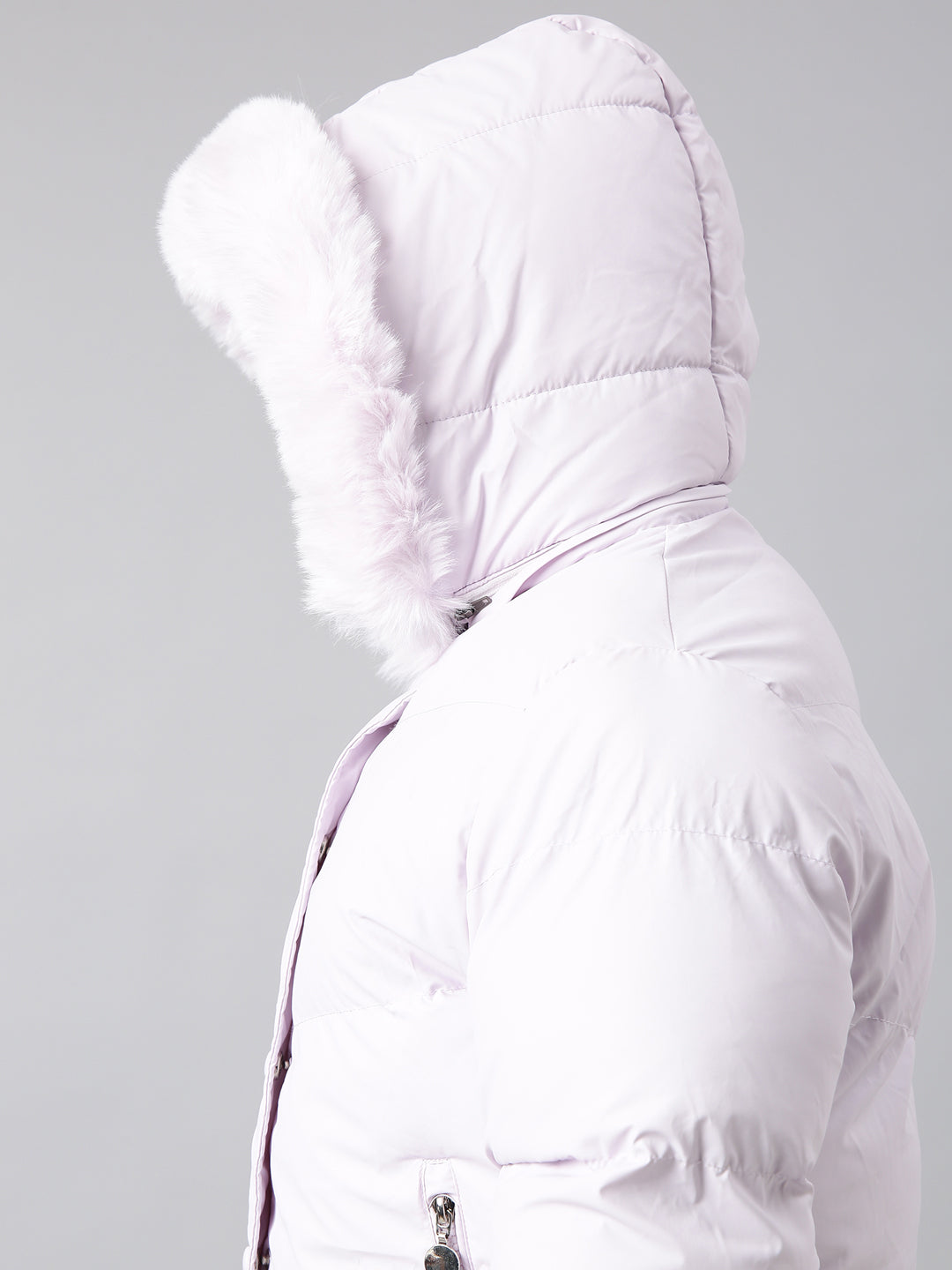 Women Solid Lavender Puffer Jacket Comes with Detachable Hood