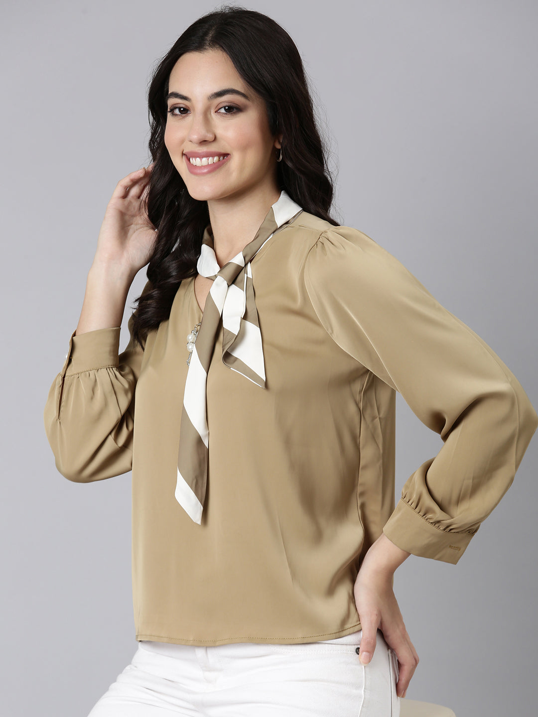 Women Solid Shirt Style Khaki Top