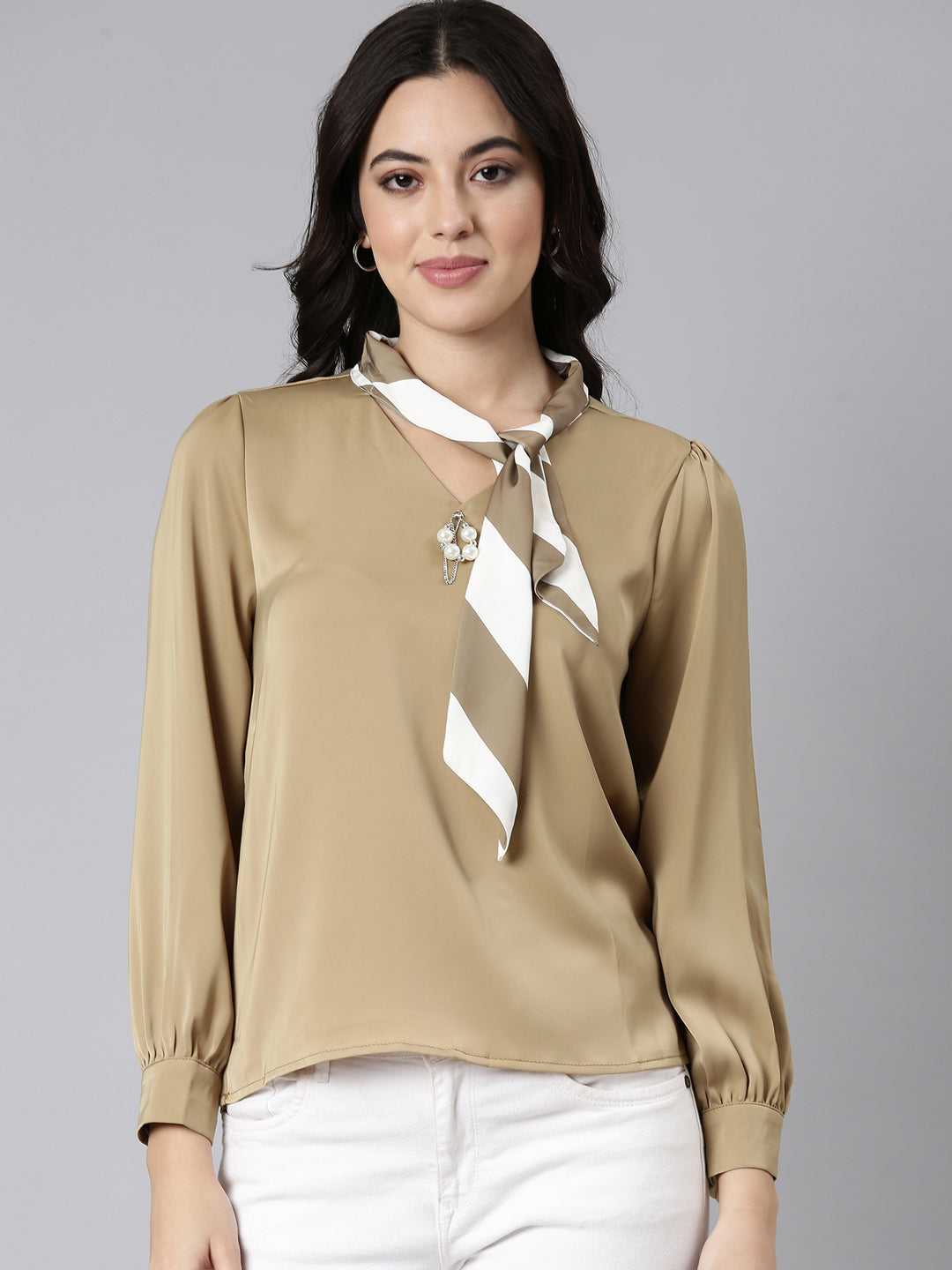 Women Solid Shirt Style Khaki Top