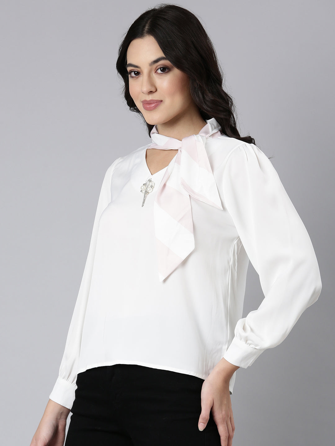 Women Solid Shirt Style Off White Top
