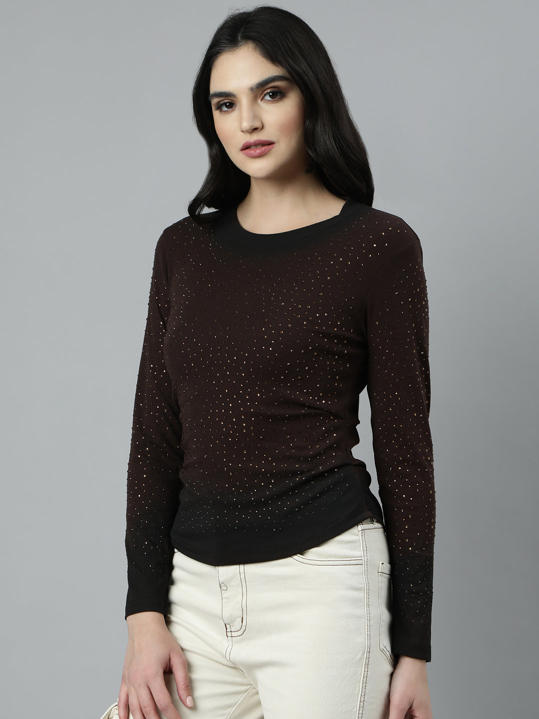 Women Embellished Brown Fitted Top