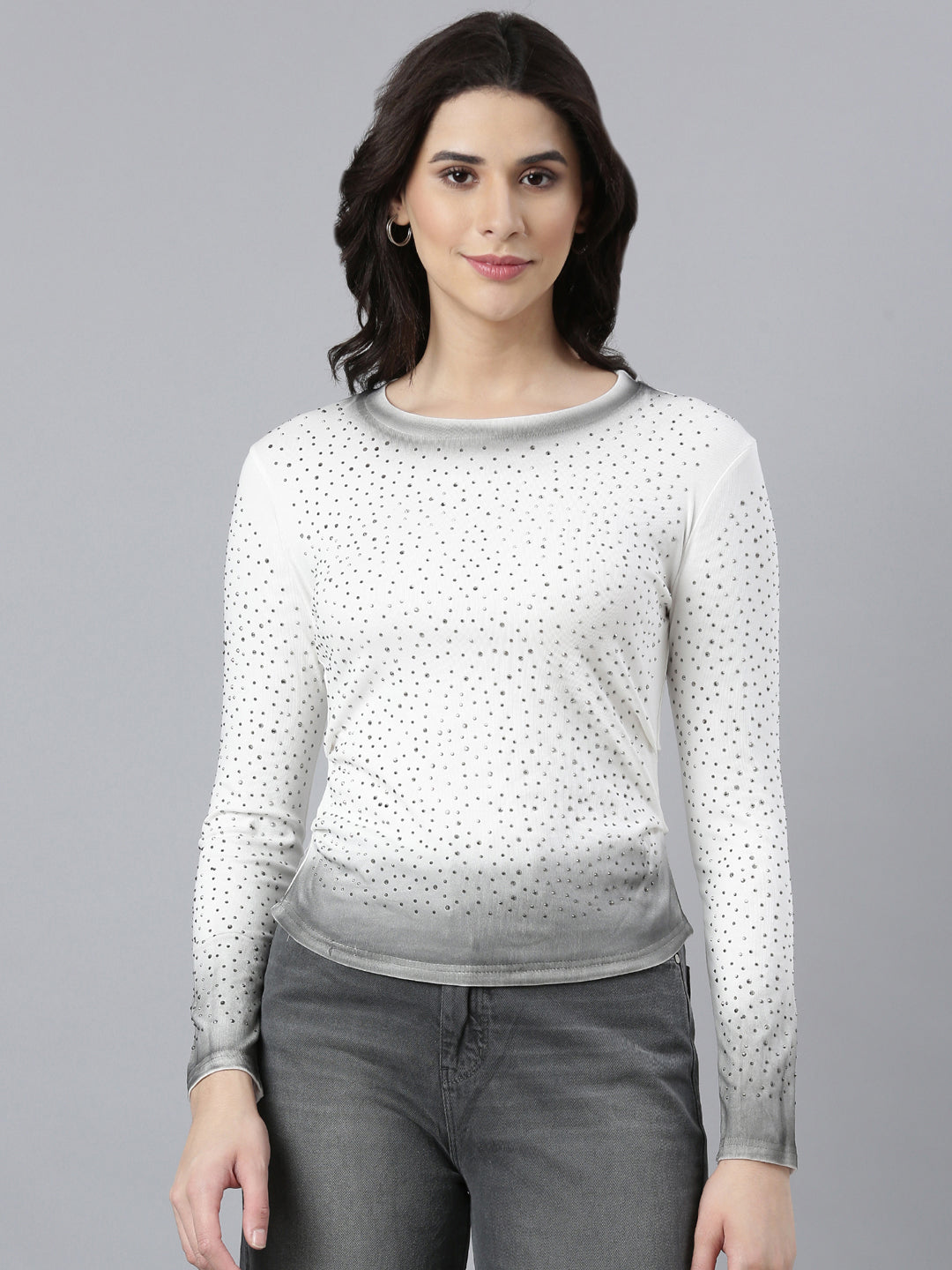 Women Embellished White Fitted Top
