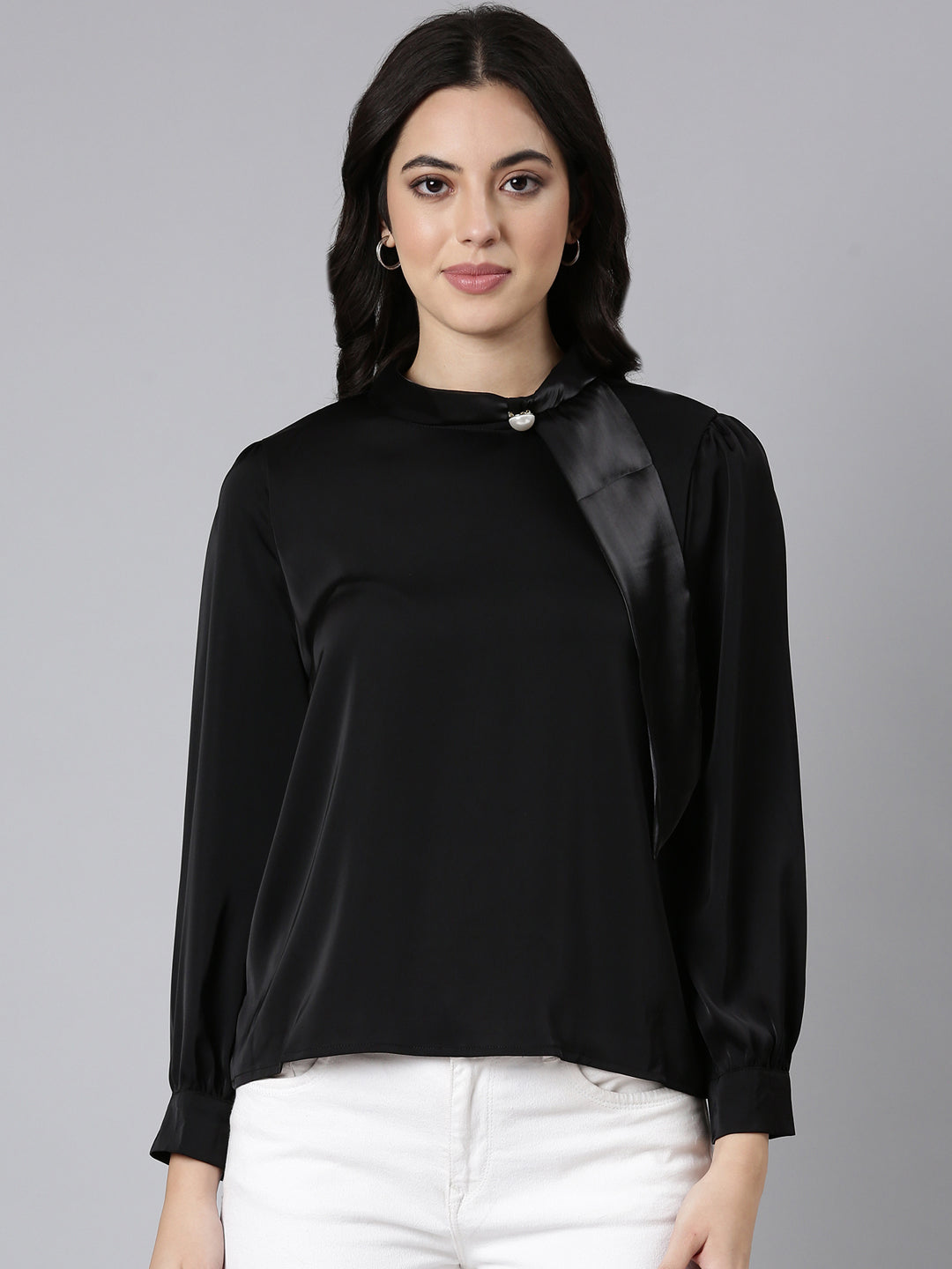 Women Solid Shirt Style Black Top