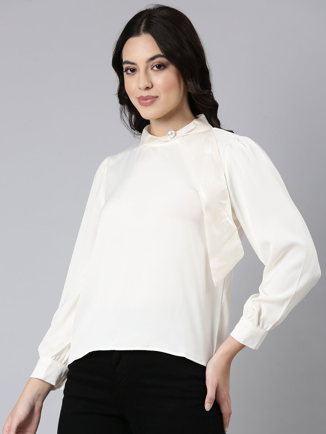 Women Solid Shirt Style Cream Top