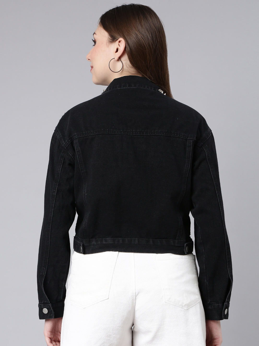 Women Solid Black Crop Drop Shoulder Denim Jacket