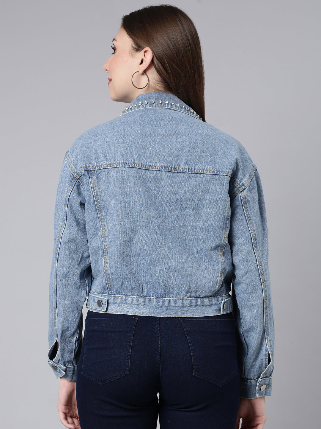 Women Solid Blue Crop Drop Shoulder Denim Jacket