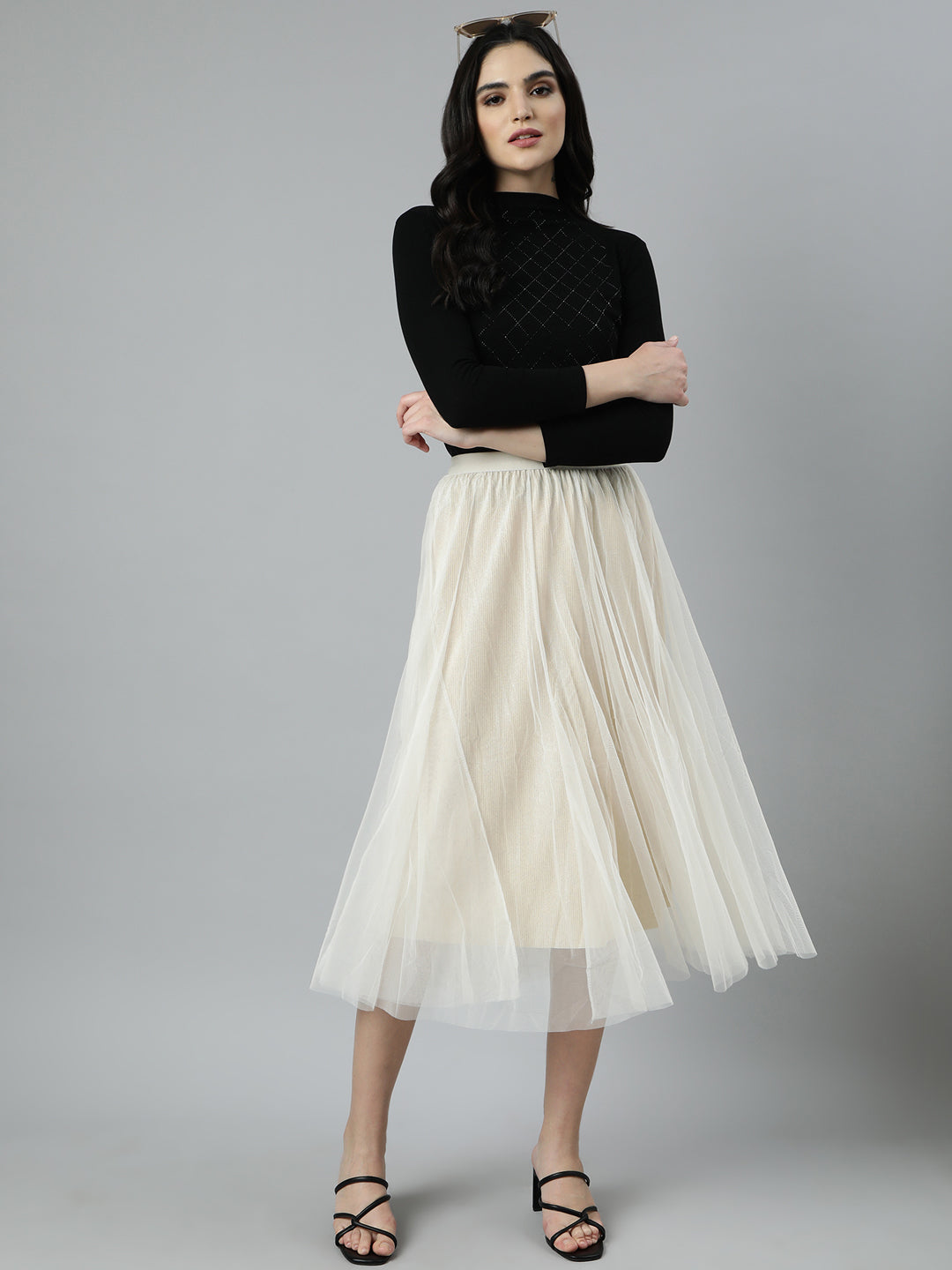 Women Solid Cream Flared Midi Skirt