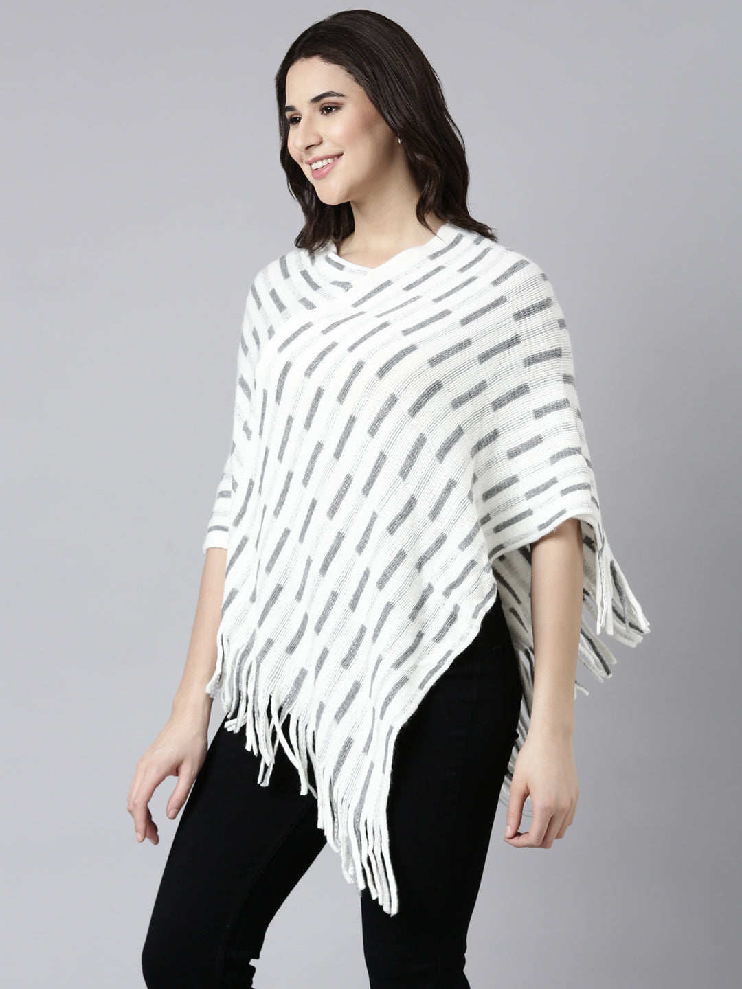 Women Striped Off White Poncho