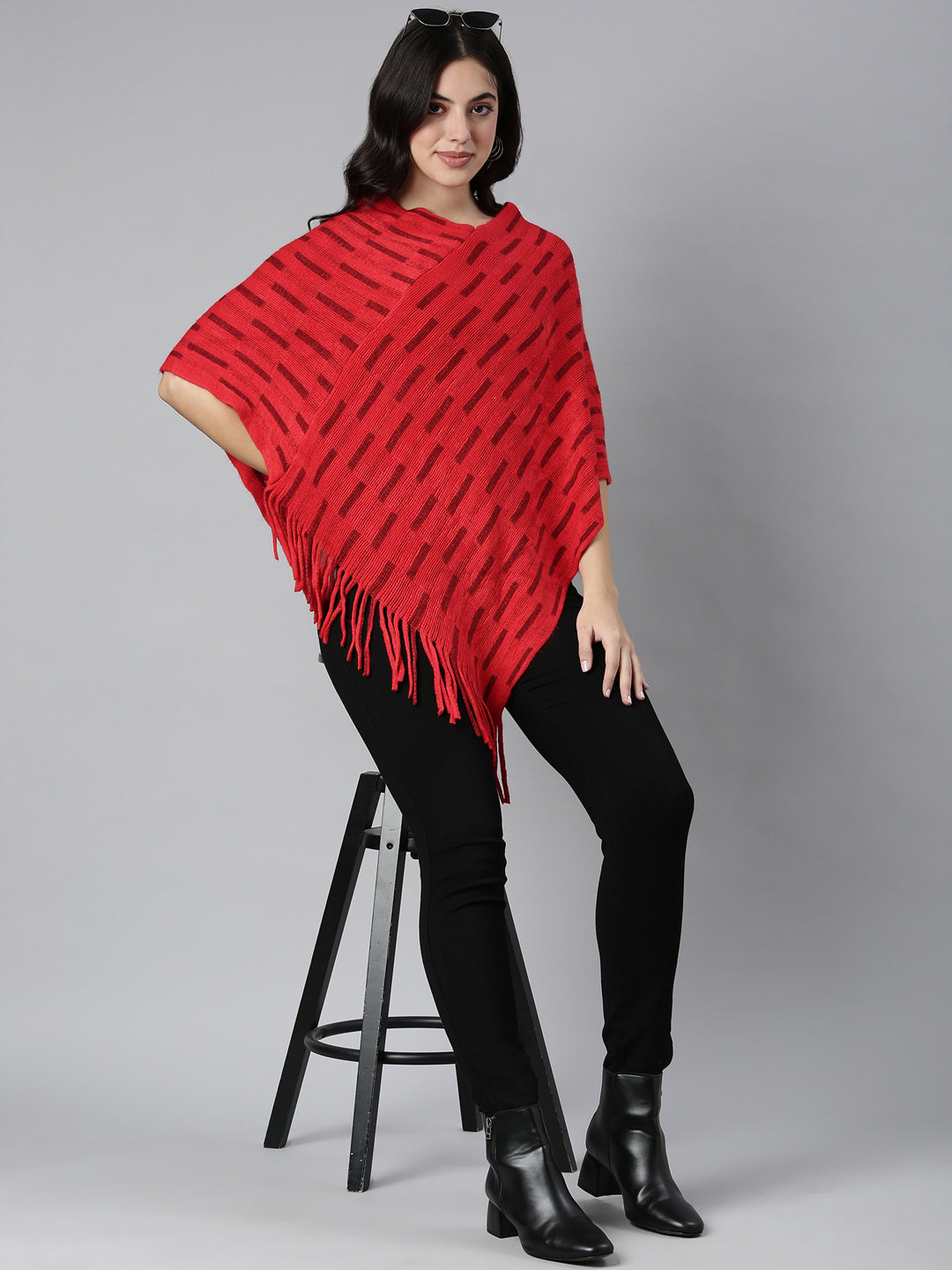 Women Striped Red Poncho