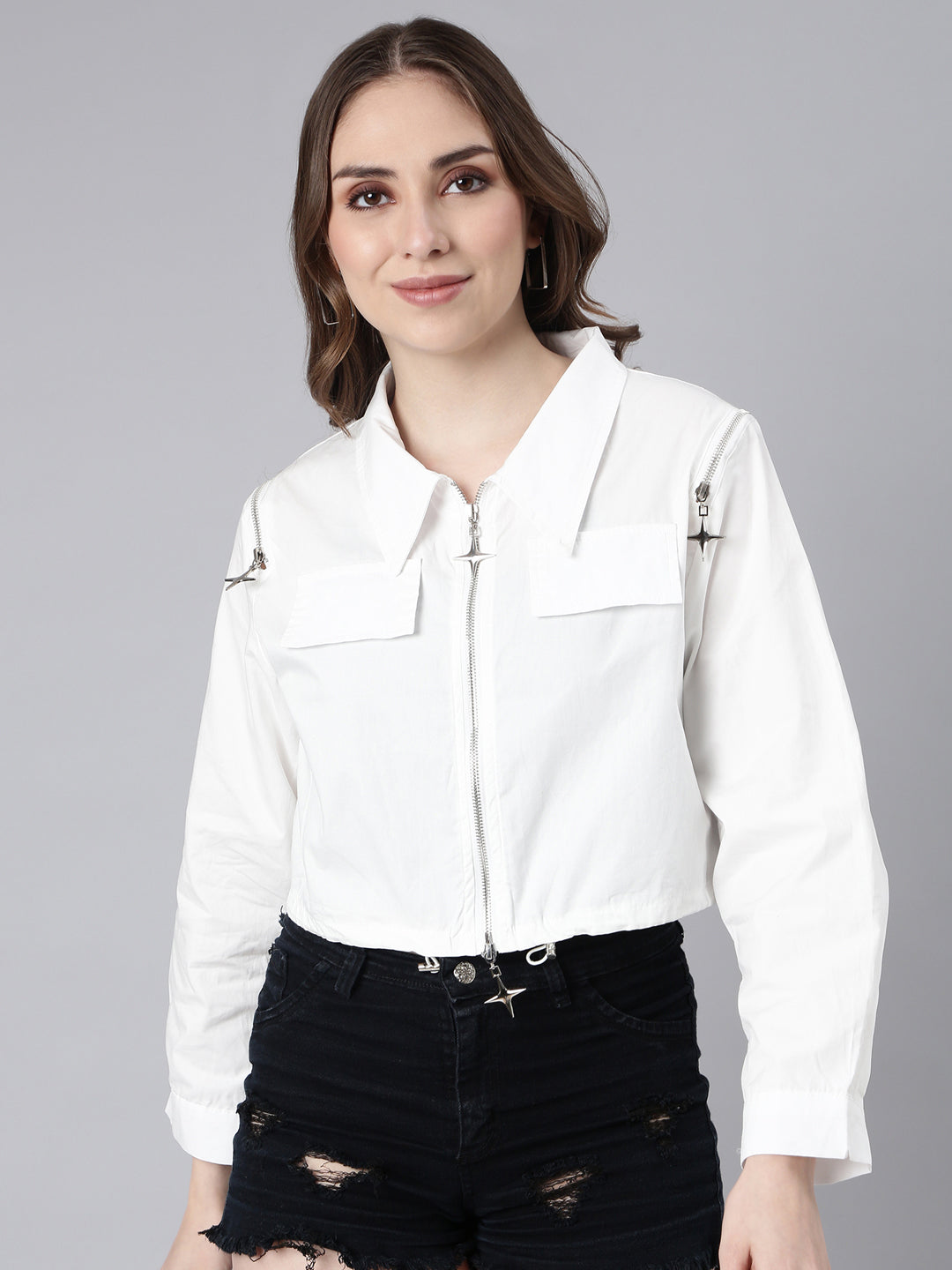 Women Cotton Solid White Crop Tailored Jacket