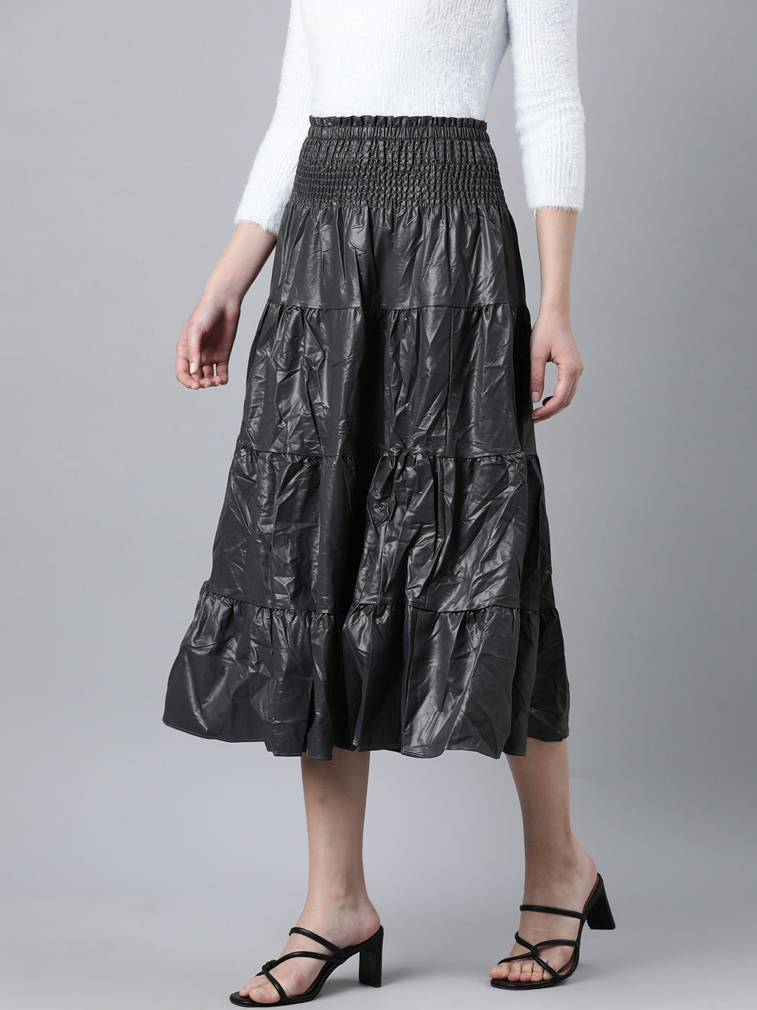 Women Solid Grey Tiered Midi Skirt
