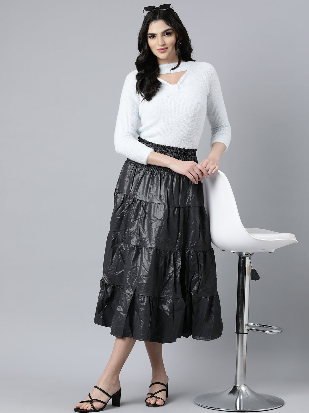 Women Solid Grey Tiered Midi Skirt