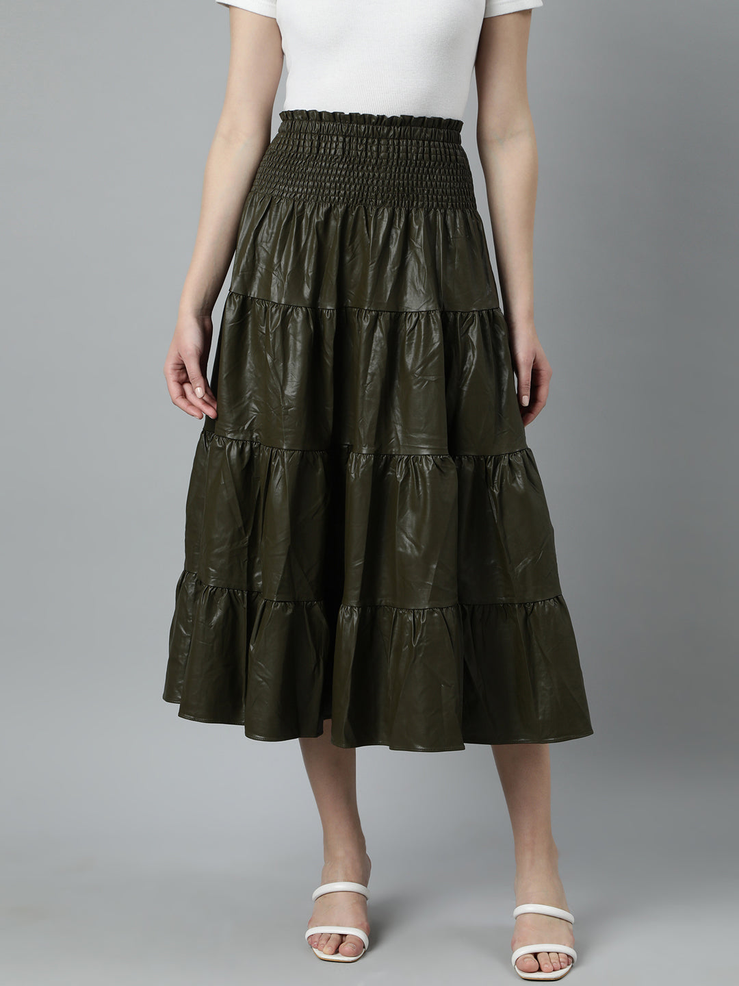 Women Solid Olive Tiered Midi Skirt