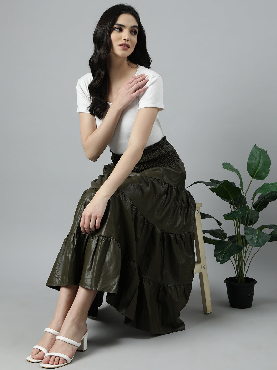 Women Solid Olive Tiered Midi Skirt