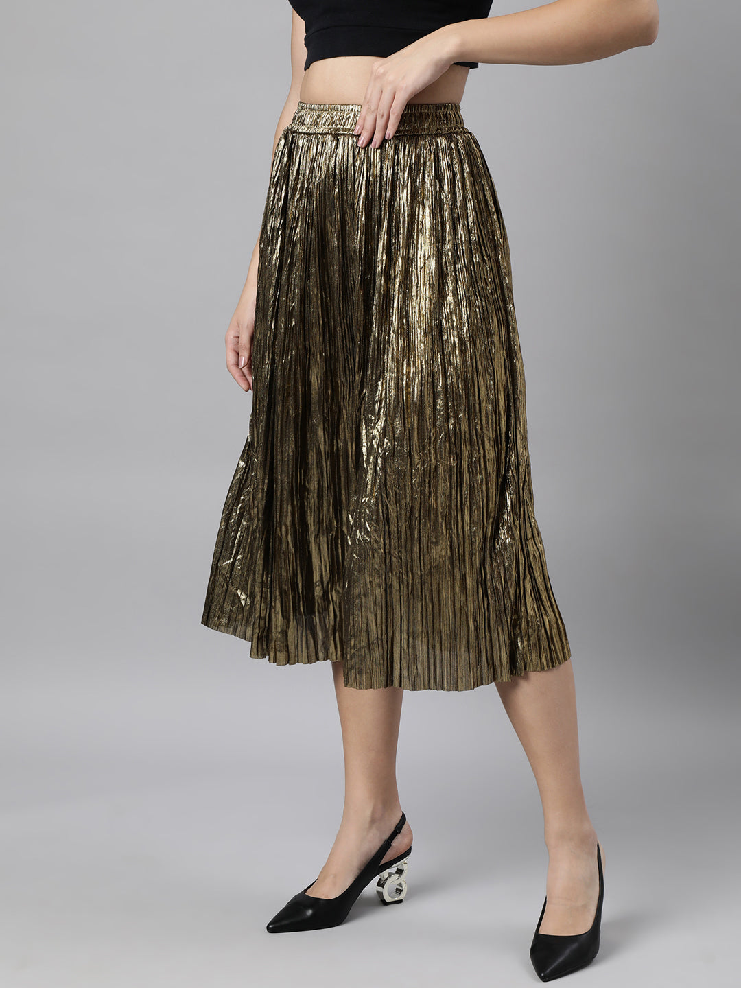 Women Solid Flared Gold Midi Skirt
