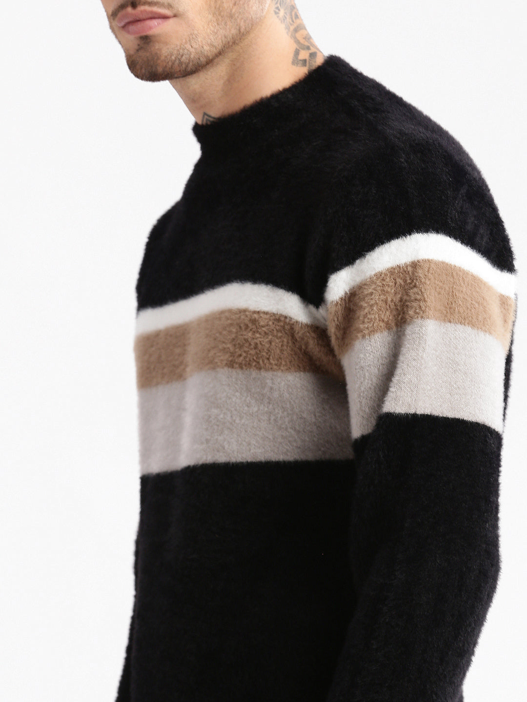 Men Round Neck Striped Black Pullover