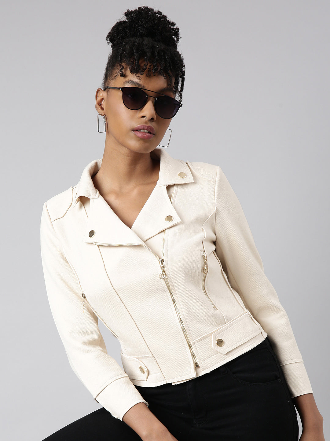 Women Solid Cream Tailored Jacket