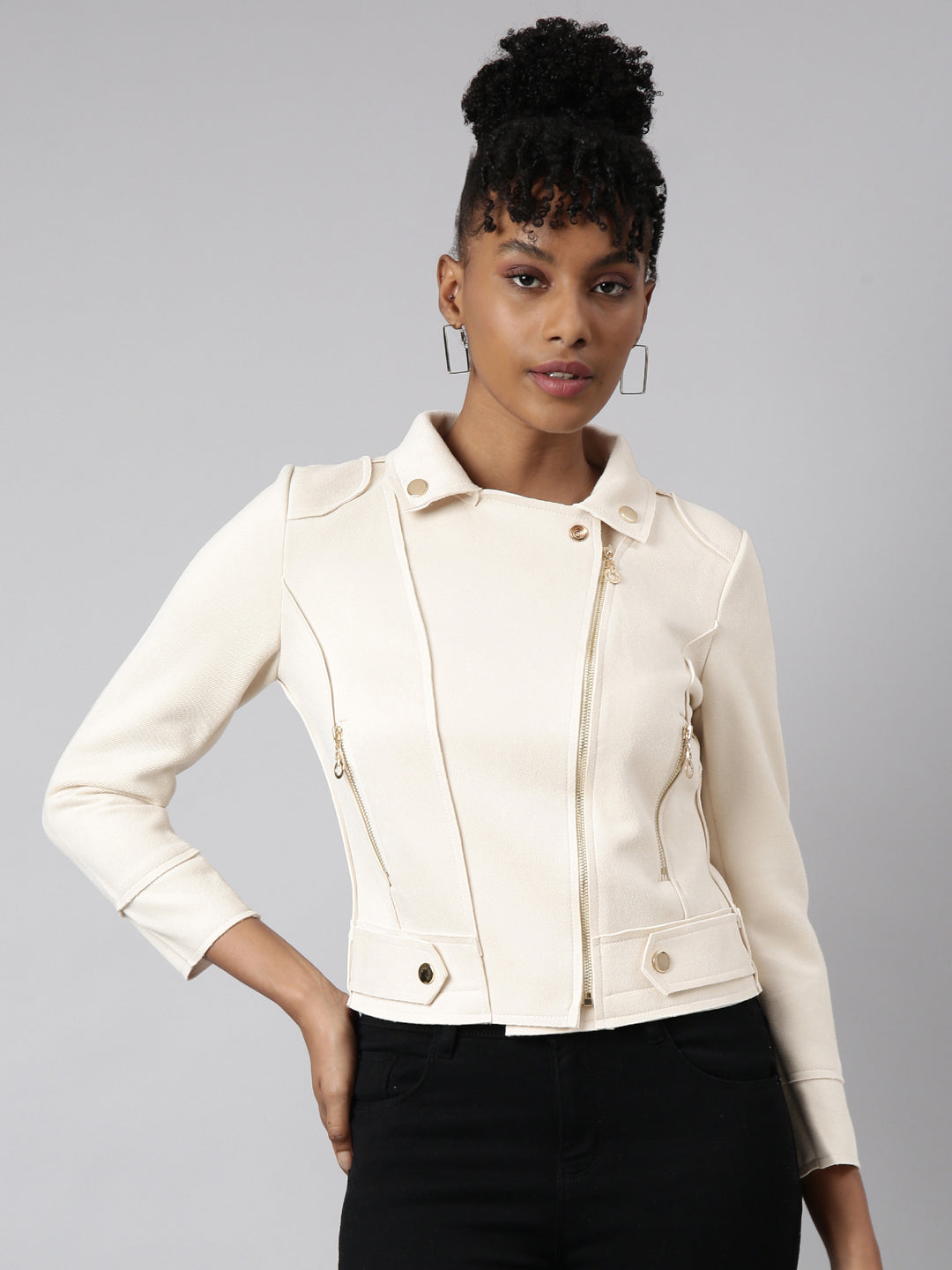 Women Solid Cream Tailored Jacket