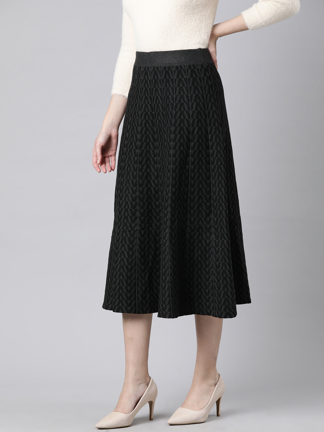 Women Geometric Grey Flared Midi Skirt