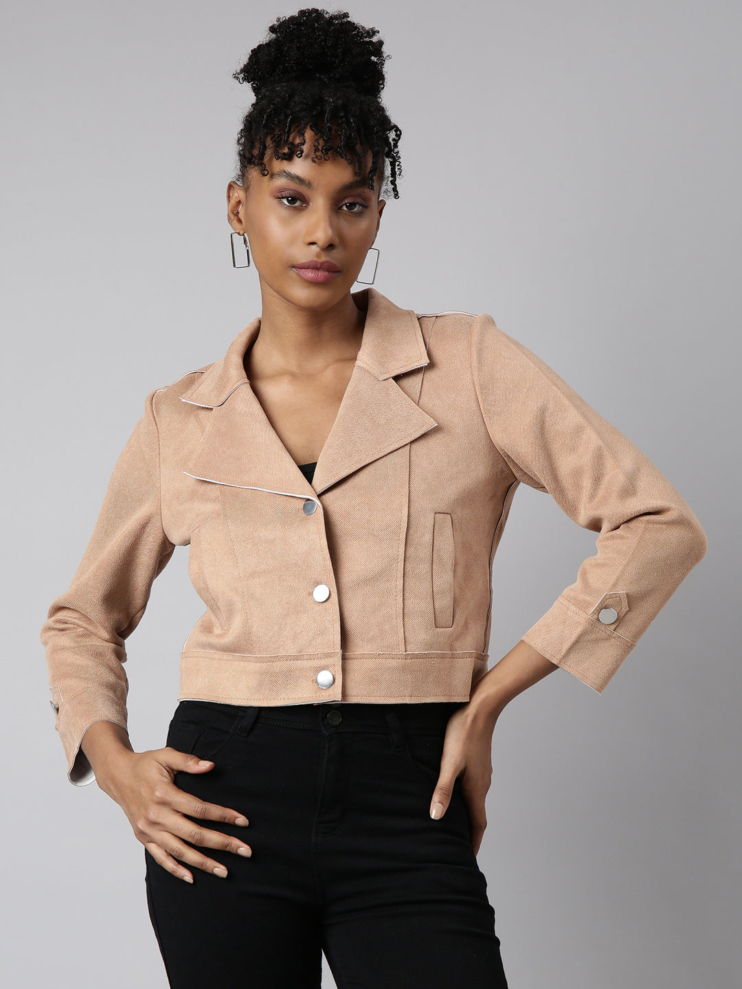 Women Solid Crop Beige Tailored Jacket