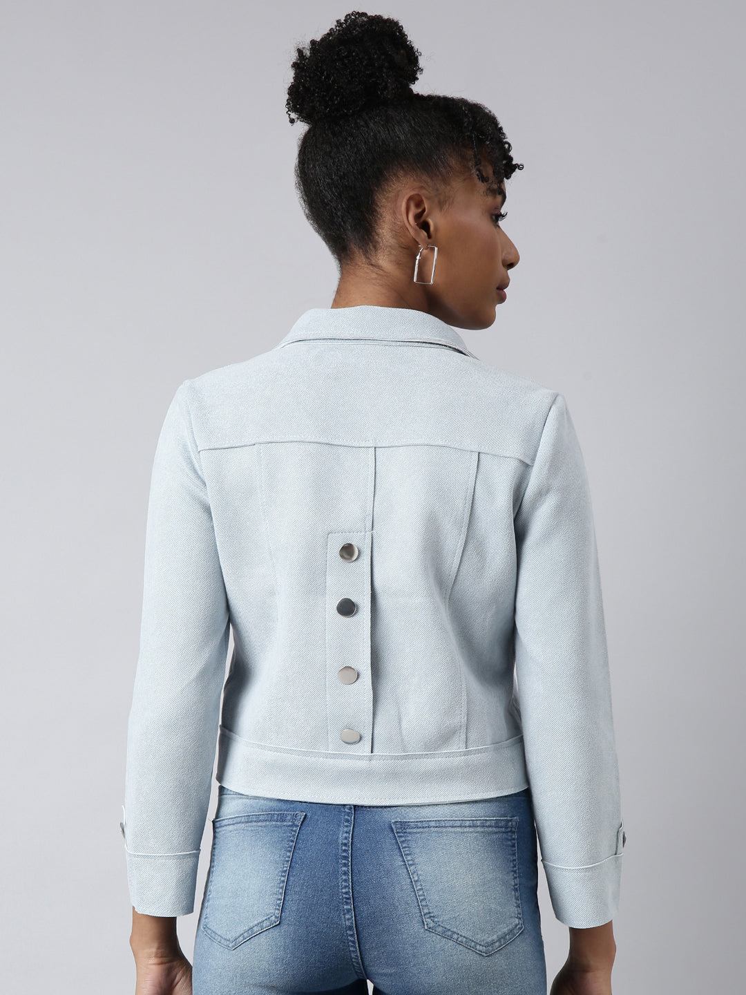Women Solid Crop Blue Tailored Jacket