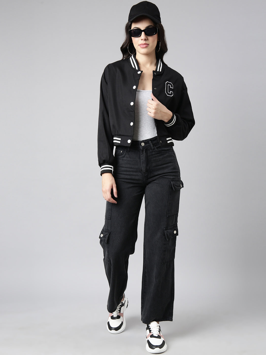 Women Solid Black Crop Drop Shoulder Varsity Jacket