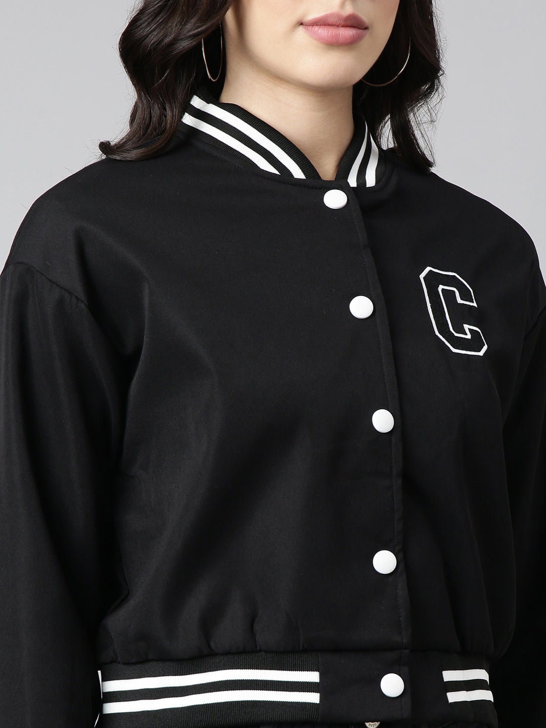 Women Solid Black Crop Drop Shoulder Varsity Jacket