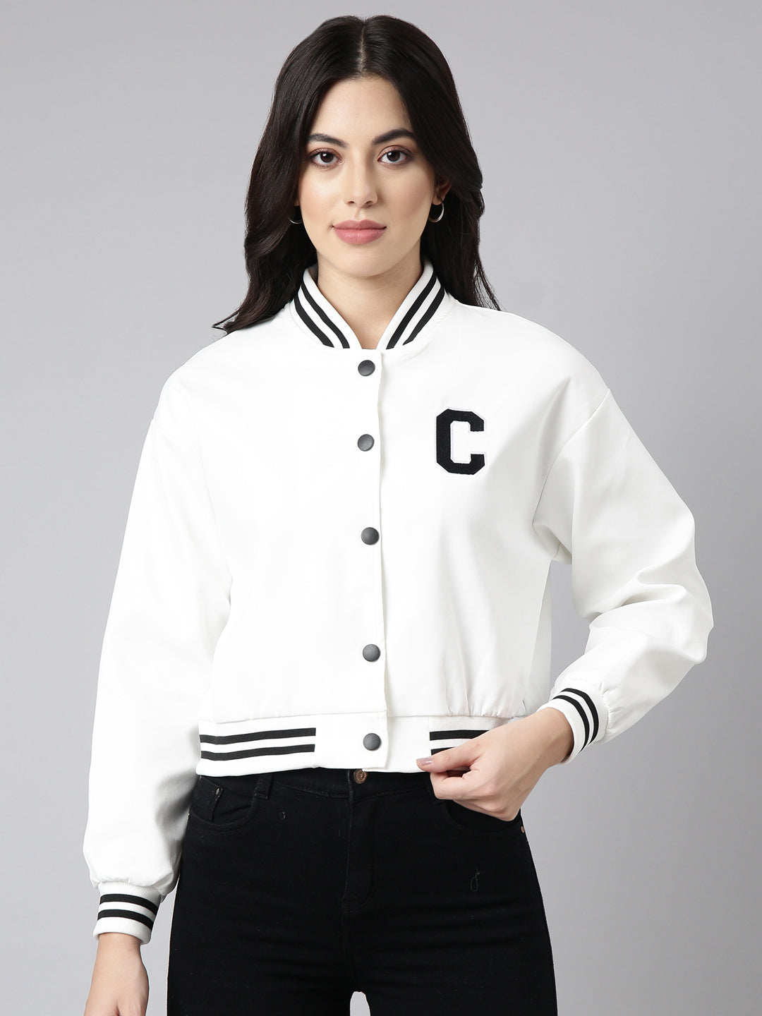 Women Solid White Crop Drop Shoulder Varsity Jacket