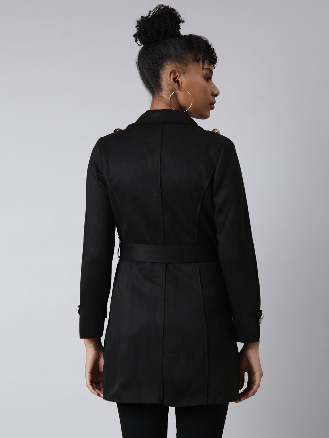 Women Solid Longline Black Trench Coat