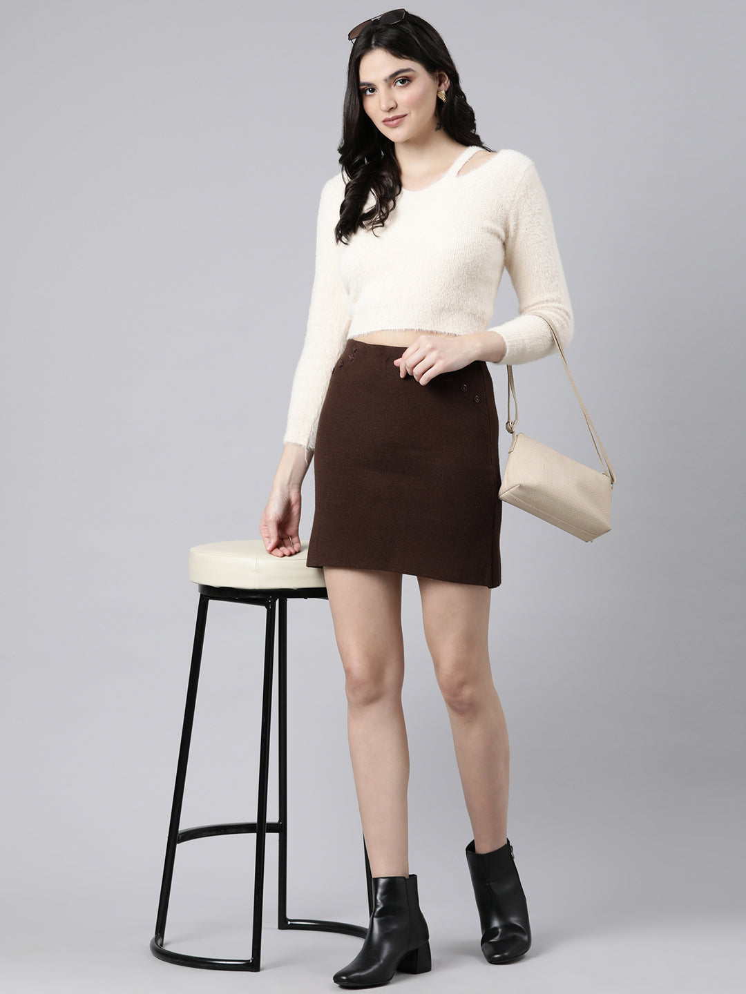 Women Solid Brown Pencil Mini Skirt