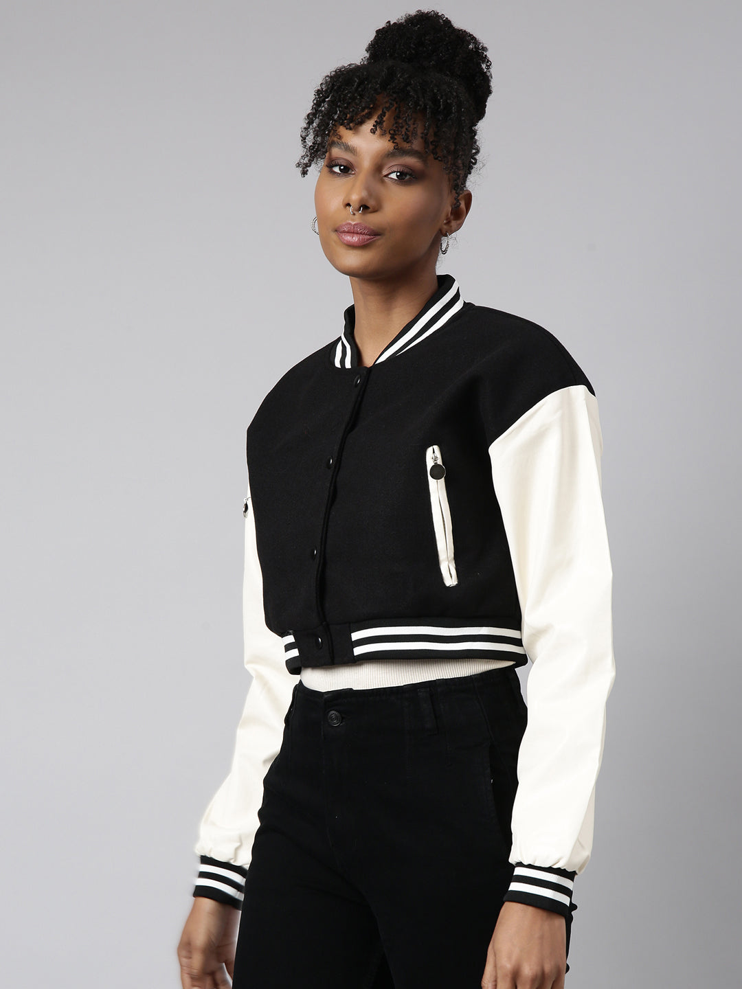 Women Solid Crop Black Drop Shoulder Oversized Varsity Jacket