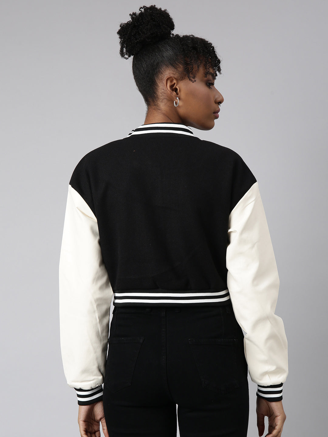 Women Solid Crop Black Drop Shoulder Oversized Varsity Jacket