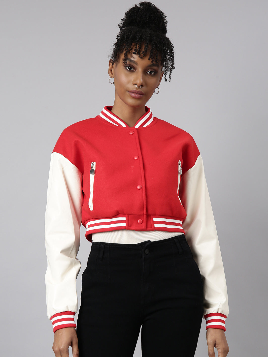 Women Solid Crop Red Drop Shoulder Oversized Varsity Jacket