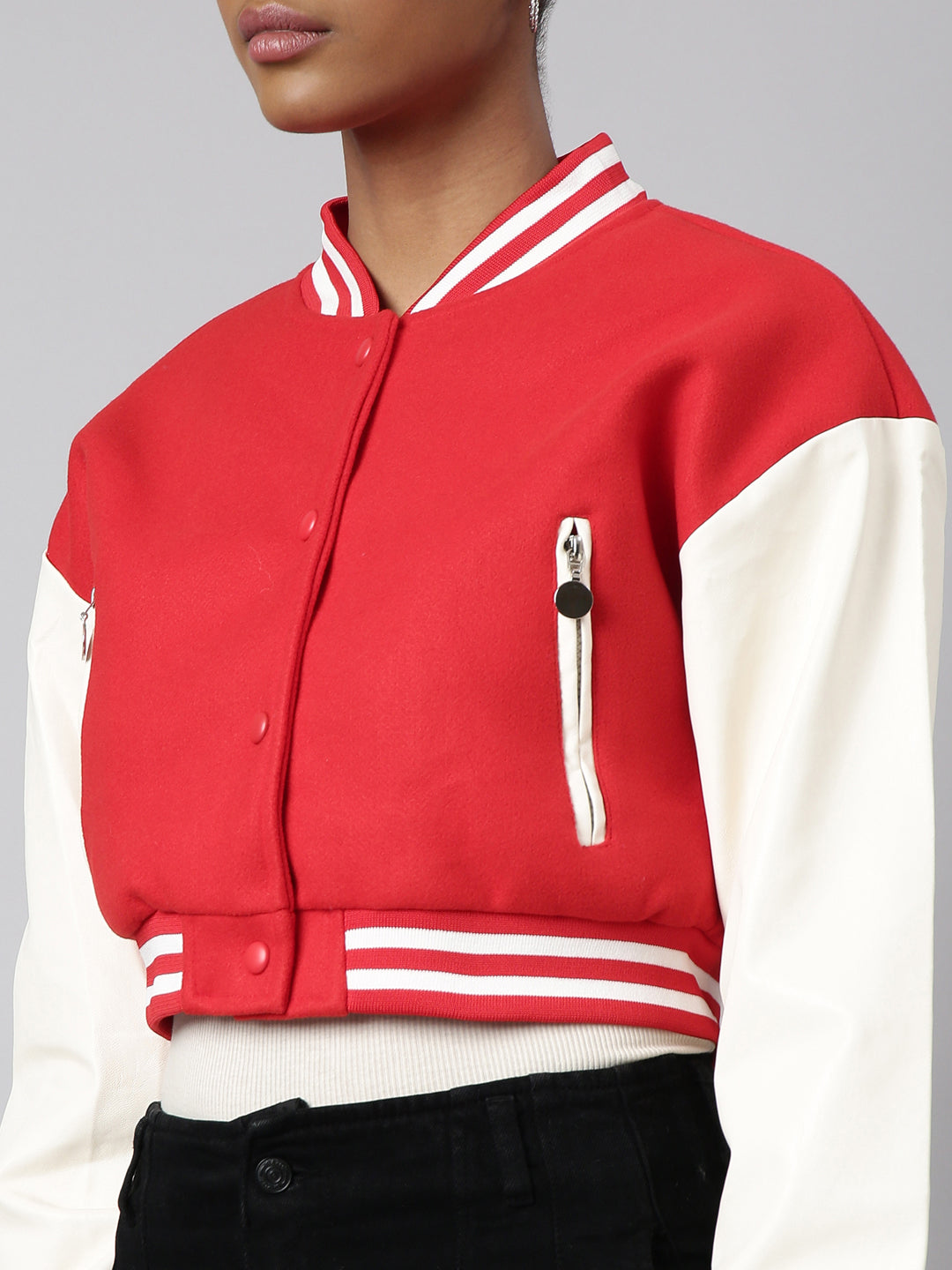 Women Solid Crop Red Drop Shoulder Oversized Varsity Jacket