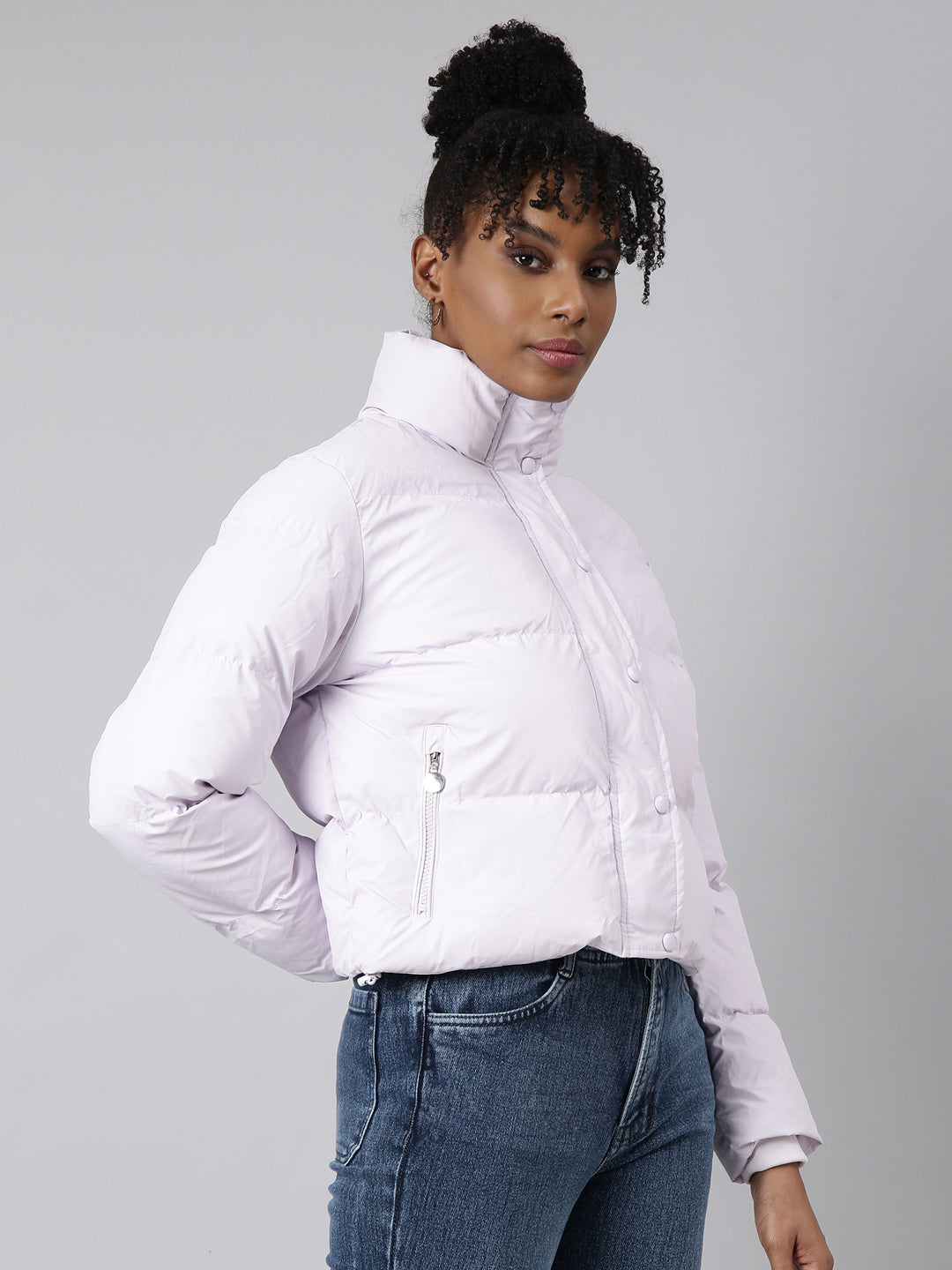 SHOWOFF Women s Long Sleeves Solid Mock Collar Lavender Puffer Jacket