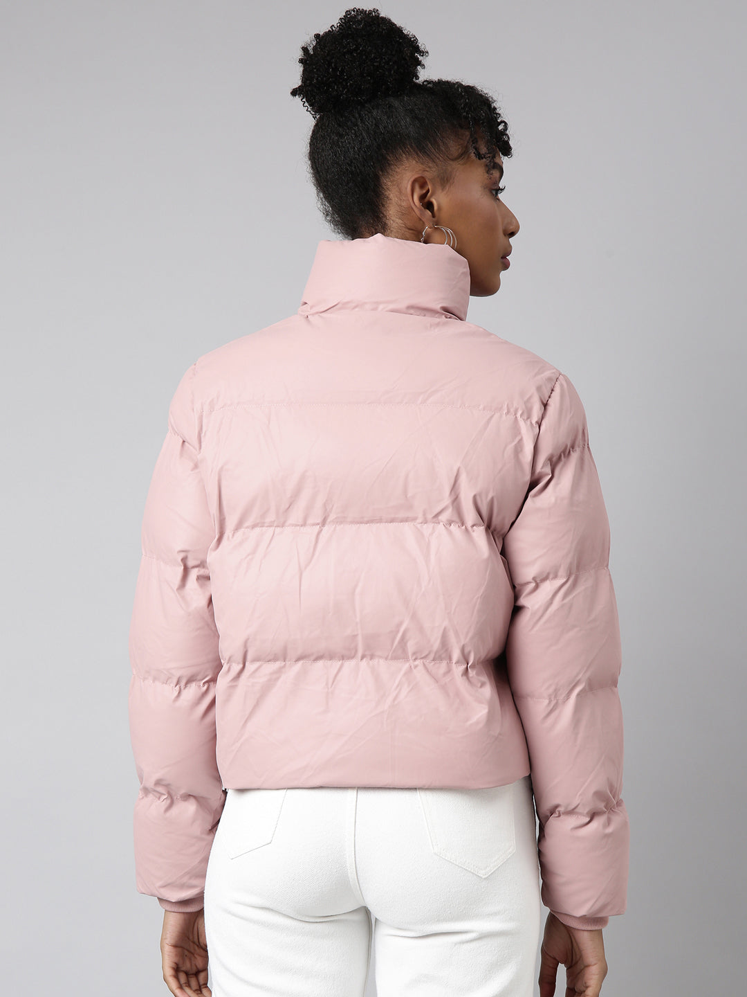 Women Solid Peach Puffer Jacket