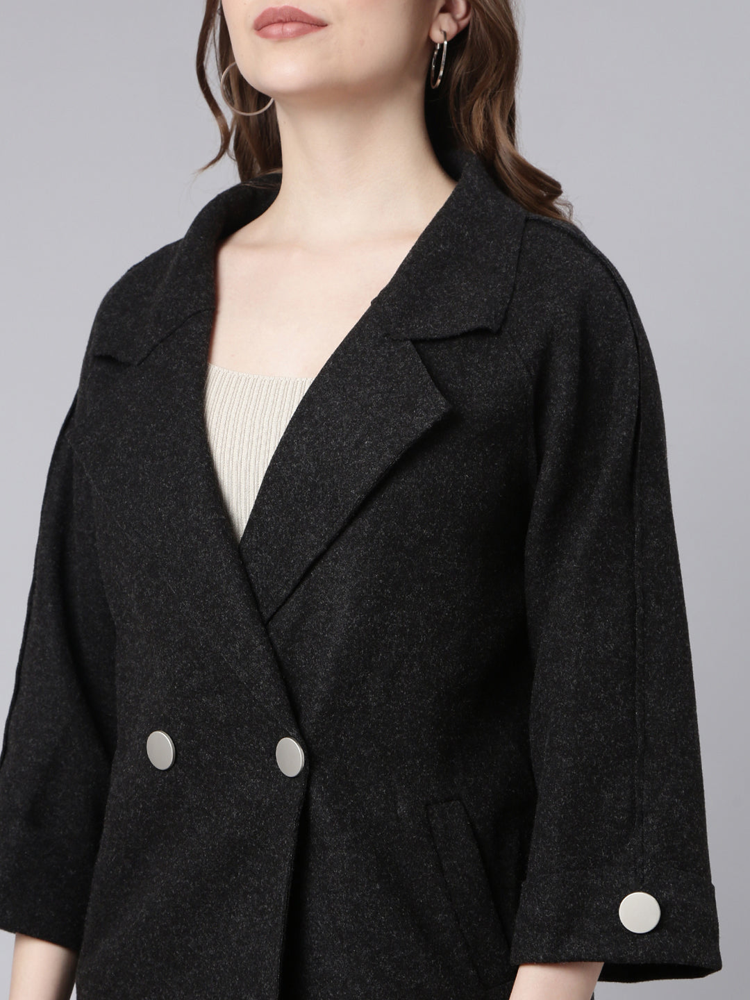Women Acrylic Solid Charcoal Longline Tailored Jacket