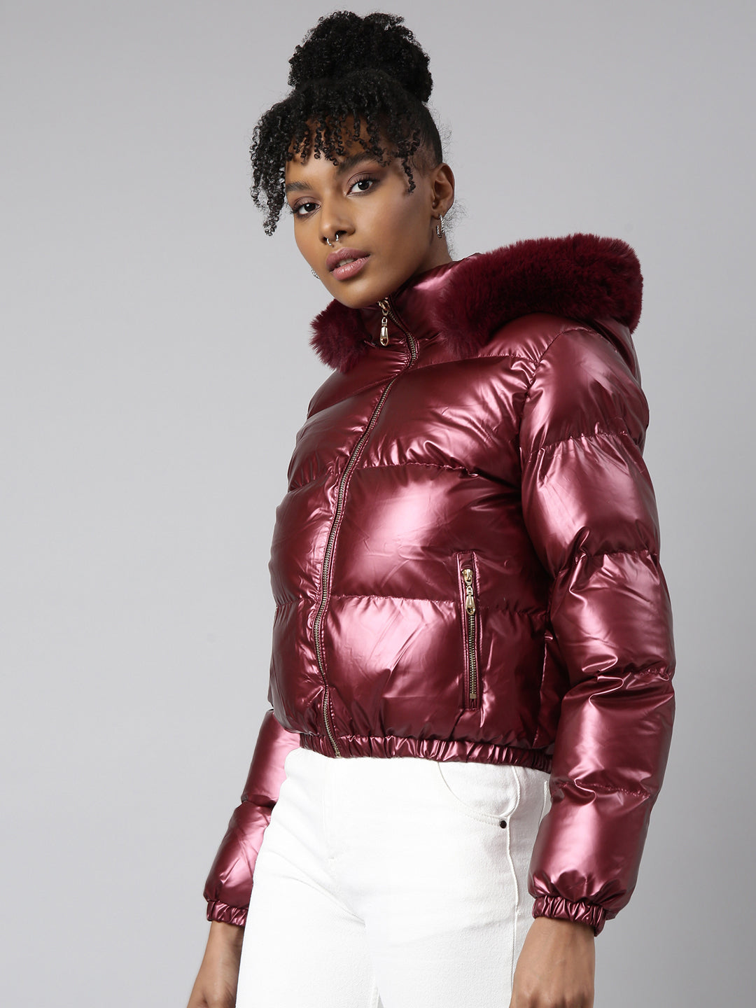 Women Solid Maroon Puffer Jacket Comes with Detachable Hood