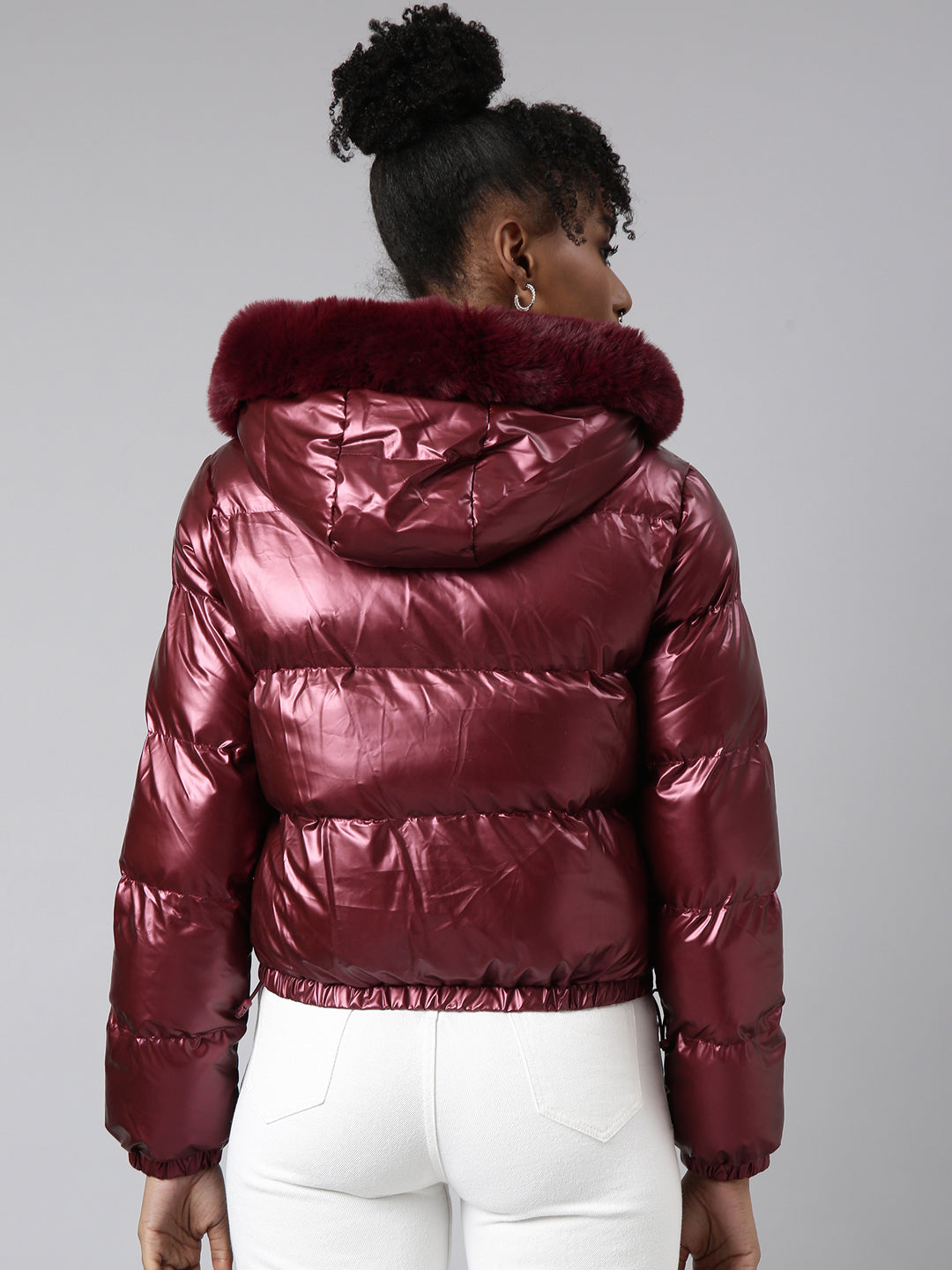 Women Solid Maroon Puffer Jacket Comes with Detachable Hood