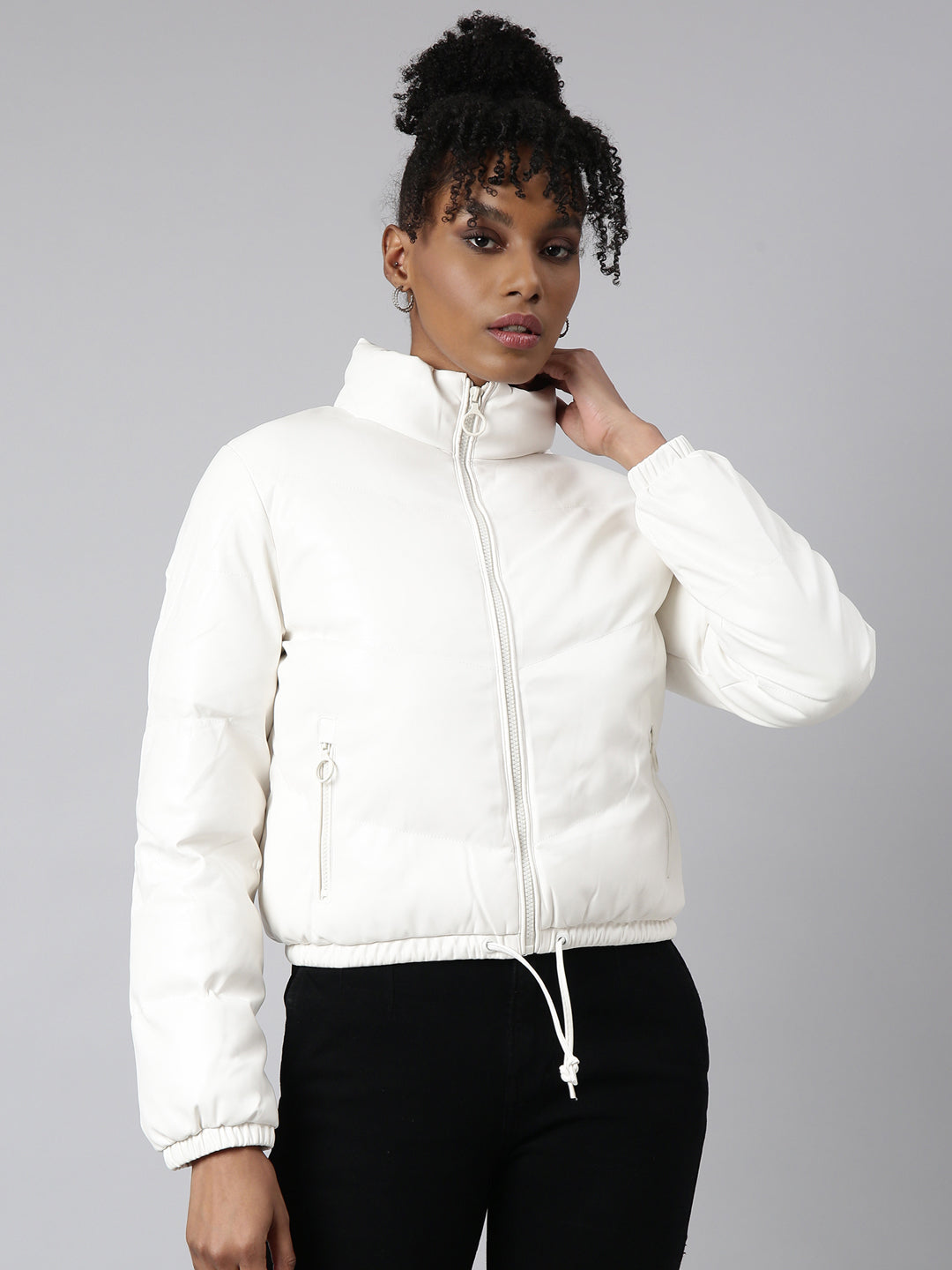 Women Solid White Puffer Jacket