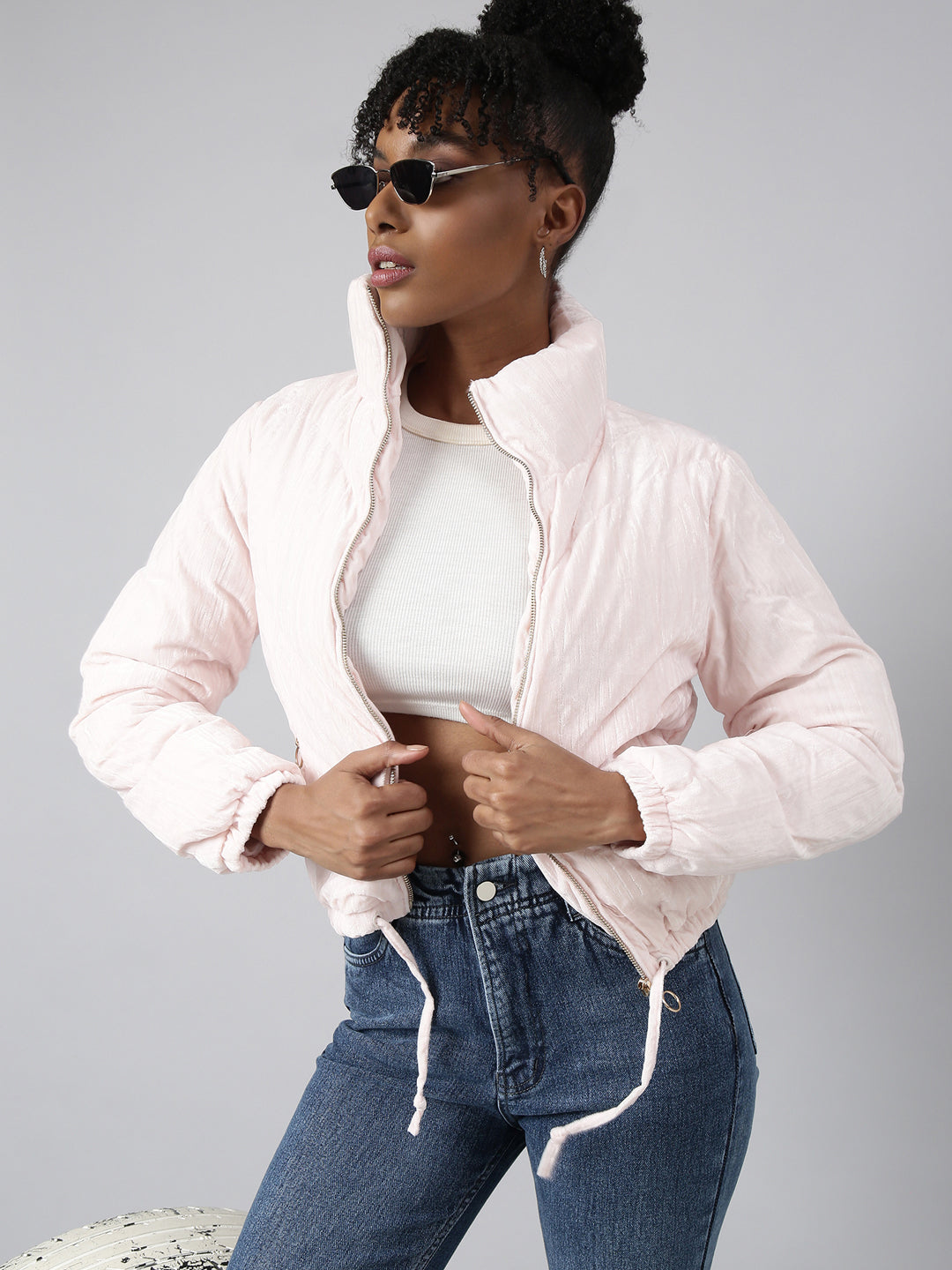 Women Solid Pink Puffer Jacket