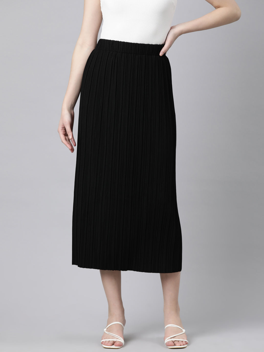Women Self Design Black Straight Midi Skirt