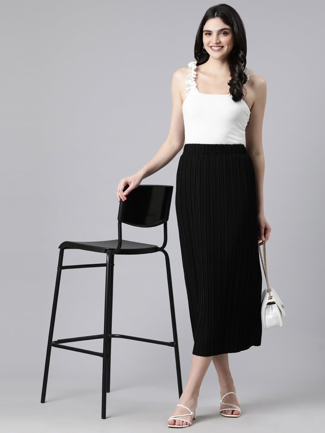 Women Self Design Black Straight Midi Skirt
