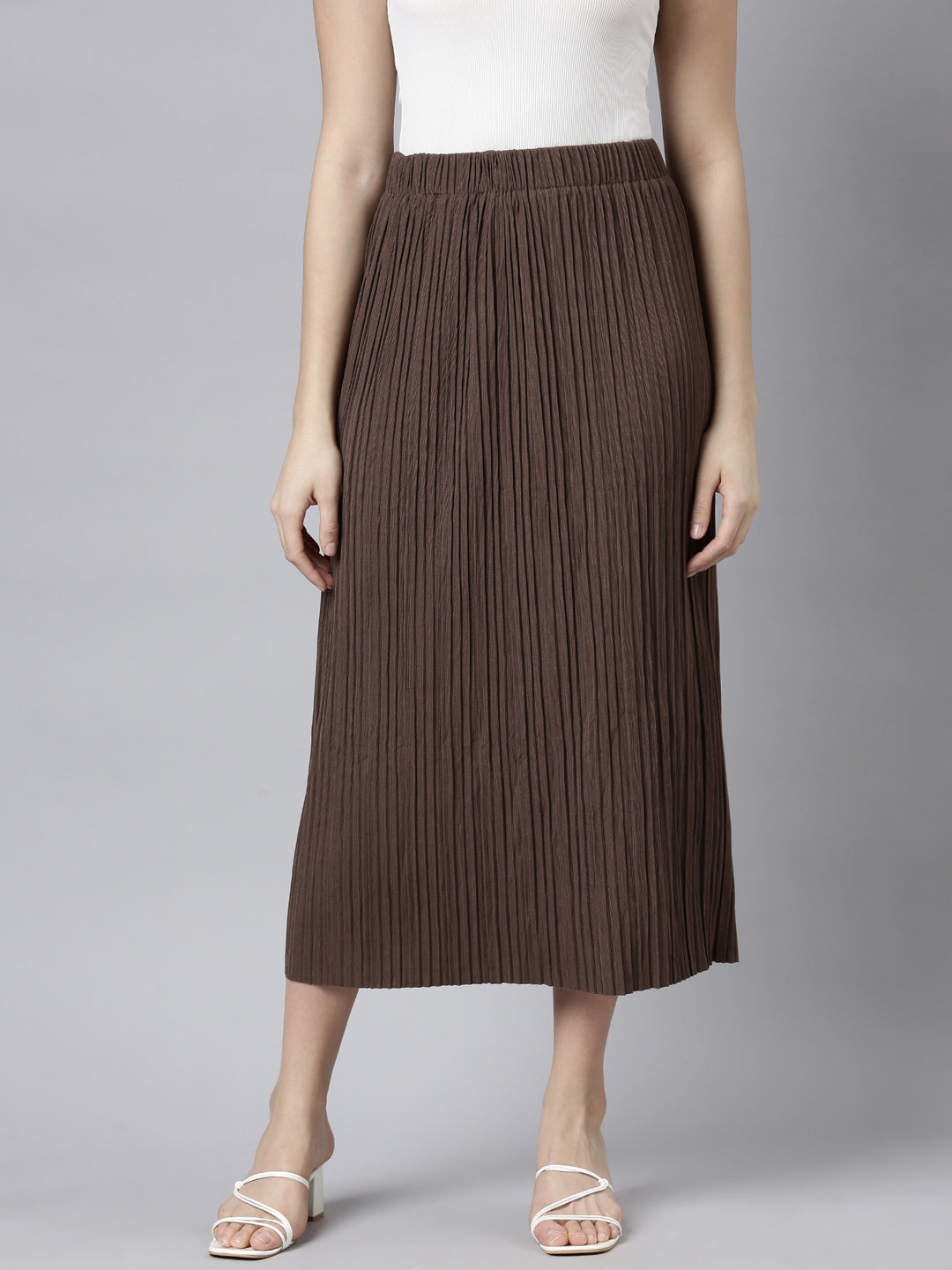 Women Self Design Brown Straight Midi Skirt
